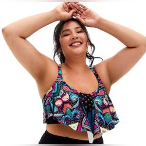 Torrid Multi Ikat V-Flounce Swim Bikini Top Size 3 Geometric Boho Wireless UPF +